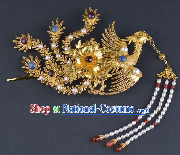 China Traditional Ming Dynasty Pearls Tassel Phoenix Hair Stick Handmade Hair Jewelry Ancient Empress Hairpin Step Shake