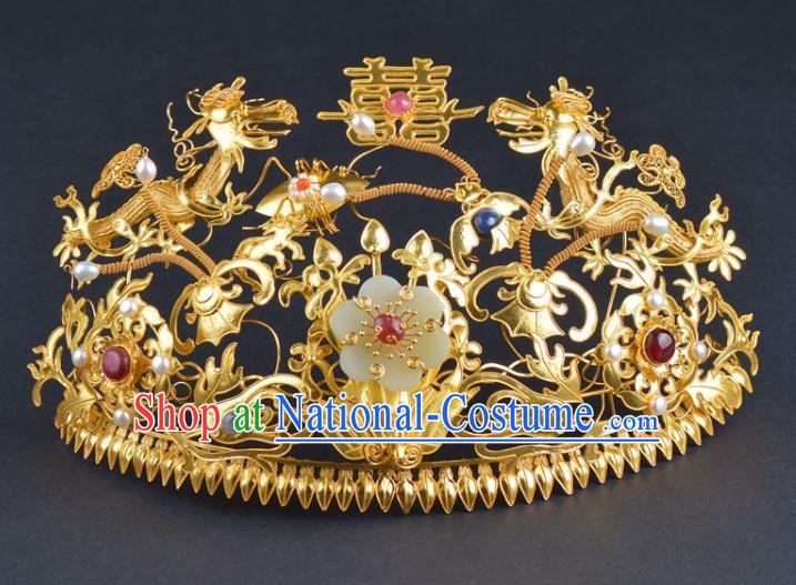 China Traditional Ming Dynasty Jade Flower Hair Crown Handmade Hair Jewelry Ancient Wedding Phoenix Coronet