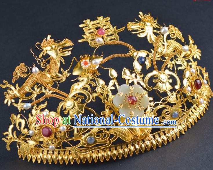 China Traditional Ming Dynasty Jade Flower Hair Crown Handmade Hair Jewelry Ancient Wedding Phoenix Coronet