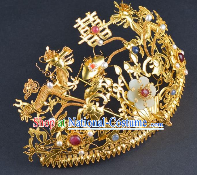 China Traditional Ming Dynasty Jade Flower Hair Crown Handmade Hair Jewelry Ancient Wedding Phoenix Coronet