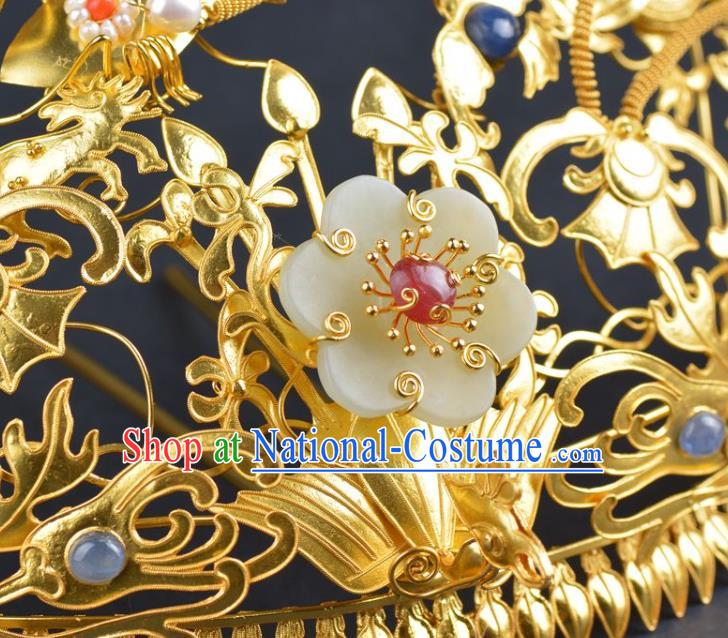 China Traditional Ming Dynasty Jade Flower Hair Crown Handmade Hair Jewelry Ancient Wedding Phoenix Coronet