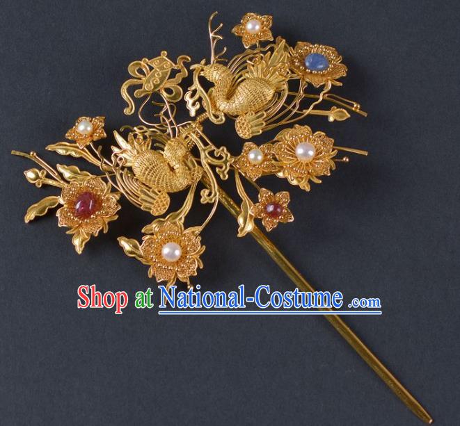 China Traditional Qing Dynasty Palace Golden Phoenix Hair Stick Ancient Empress Pearls Hairpin Handmade Hair Jewelry