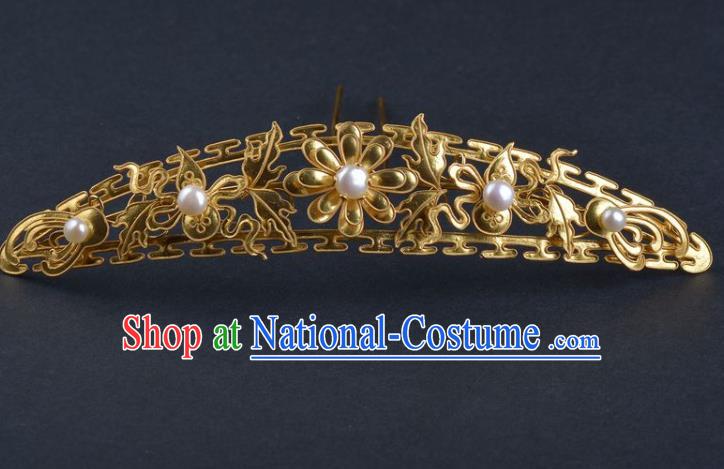 China Ancient Hanfu Golden Hairpin Traditional Qing Dynasty Princess Hair Crown Handmade Hair Jewelry