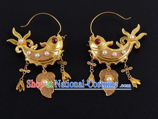 Handmade Chinese Ancient Empress Jewelry Pearls Earrings Traditional Ming Dynasty Court Golden Carp Accessories