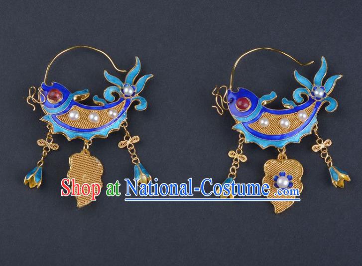 Handmade Chinese Blueing Earrings Traditional Ming Dynasty Court Carp Accessories Ancient Empress Pearls Jewelry