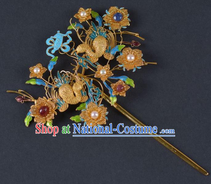 China Ancient Empress Pearls Hairpin Handmade Hair Jewelry Traditional Qing Dynasty Palace Cloisonne Phoenix Hair Stick