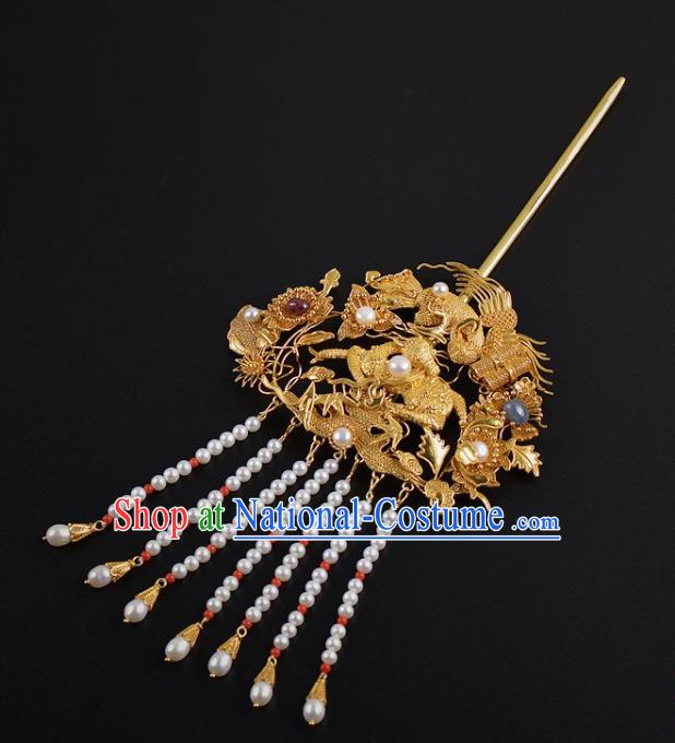 China Handmade Hair Jewelry Ancient Empress Pearls Tassel Hairpin Traditional Qing Dynasty Palace Golden Phoenix Hair Stick