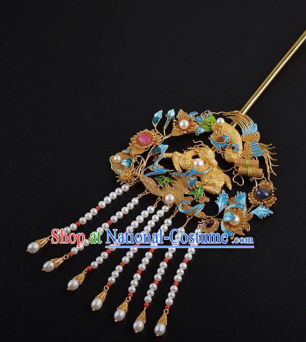 China Traditional Qing Dynasty Palace Cloisonne Hair Stick Handmade Hair Jewelry Ancient Empress Pearls Tassel Phoenix Hairpin