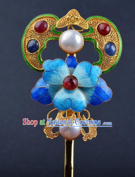 China Ancient Empress Enamel Peony Hair Stick Handmade Hair Jewelry Traditional Qing Dynasty Palace Gems Bat Hairpin