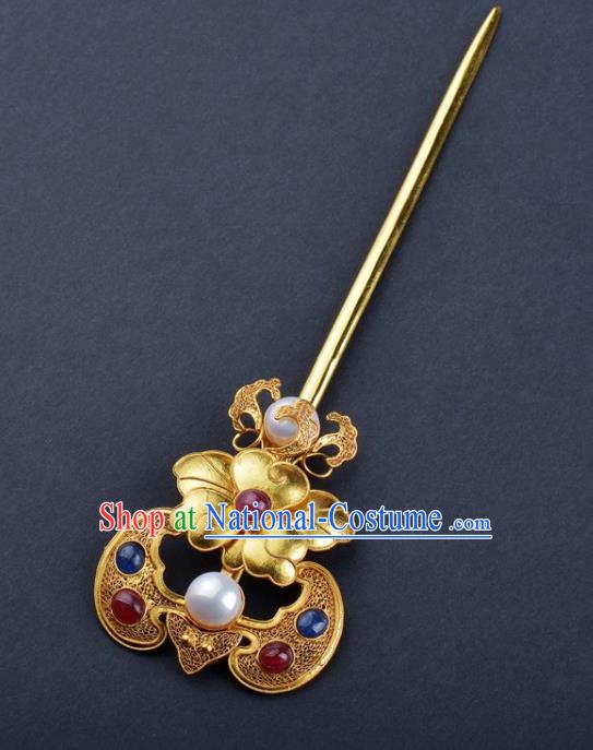 China Handmade Hair Jewelry Traditional Qing Dynasty Palace Gems Bat Hairpin Ancient Empress Golden Peony Hair Stick