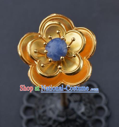 China Handmade Sapphire Hair Jewelry Traditional Ming Dynasty Palace Hairpin Ancient Empress Golden Plum Hair Stick