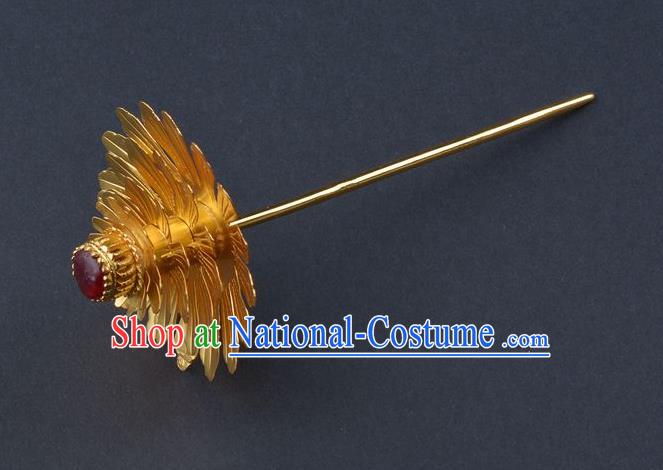 China Ancient Empress Golden Flower Hair Stick Handmade Palace Hair Jewelry Traditional Ming Dynasty Queen Ruby Hairpin