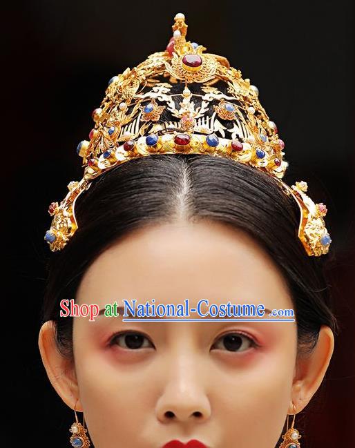 China Ancient Empress Gems Hair Crown Handmade Palace Hair Jewelry Traditional Ming Dynasty Hairpin Coronet