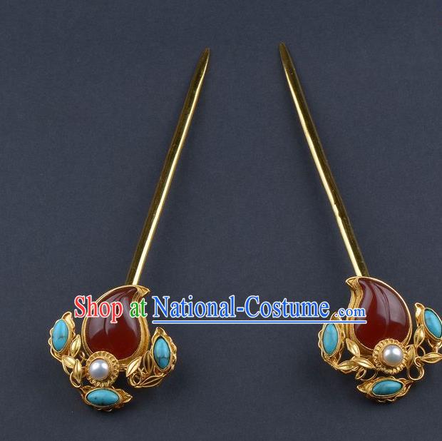 China Ancient Empress Agate Peach Hair Stick Handmade Palace Hair Jewelry Traditional Qing Dynasty Court Hairpin