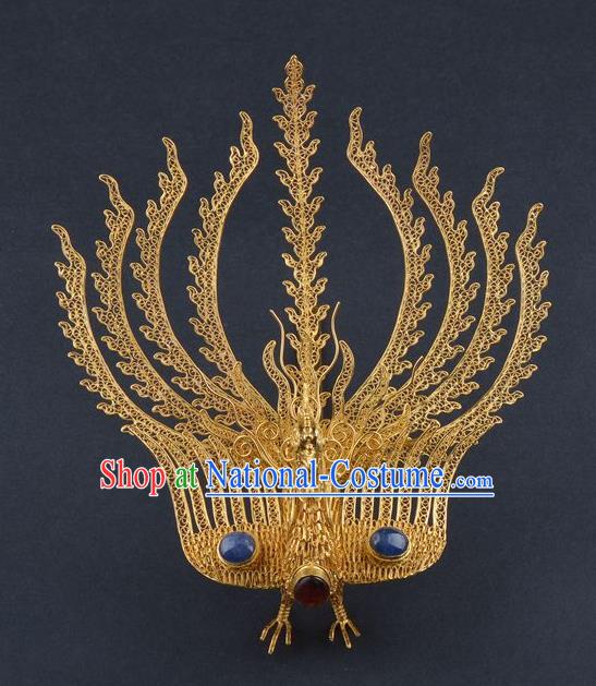 Traditional China Ancient Empress Sapphire Hairpin Handmade Palace Hair Ornament Ming Dynasty Filigree Phoenix Hair Crown