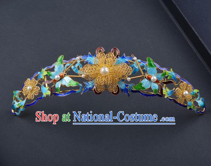 Traditional China Ancient Empress Filigree Golden Hairpin Handmade Palace Hair Ornament Qing Dynasty Enamel Butterfly Hair Crown