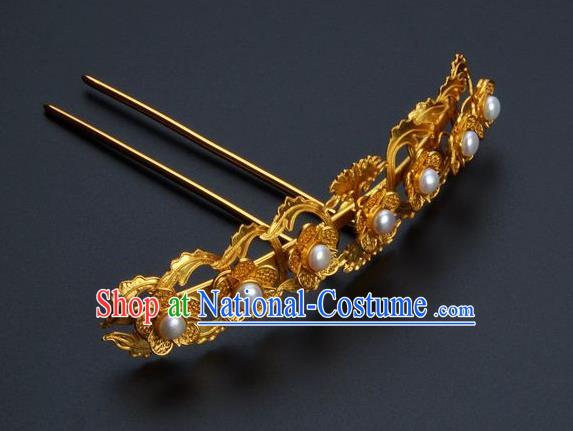 Traditional China Ancient Empress Pearls Hairpin Ming Dynasty Hair Stick Handmade Palace Hair Ornament Hair Crown