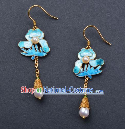 Handmade Chinese Enamel Peony Earrings Ancient Empress Pearl Jewelry Traditional Qing Dynasty Court Ear Accessories