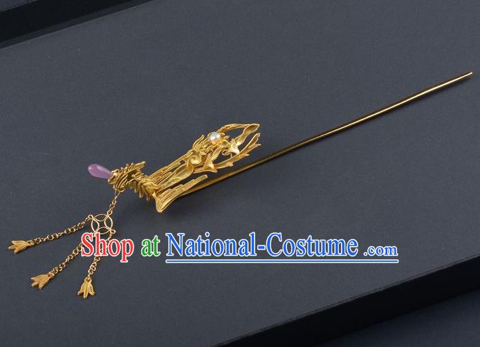 Traditional China Ming Dynasty Hair Stick Handmade Palace Hair Ornament Ancient Empress Golden Phoenix Tassel Hairpin