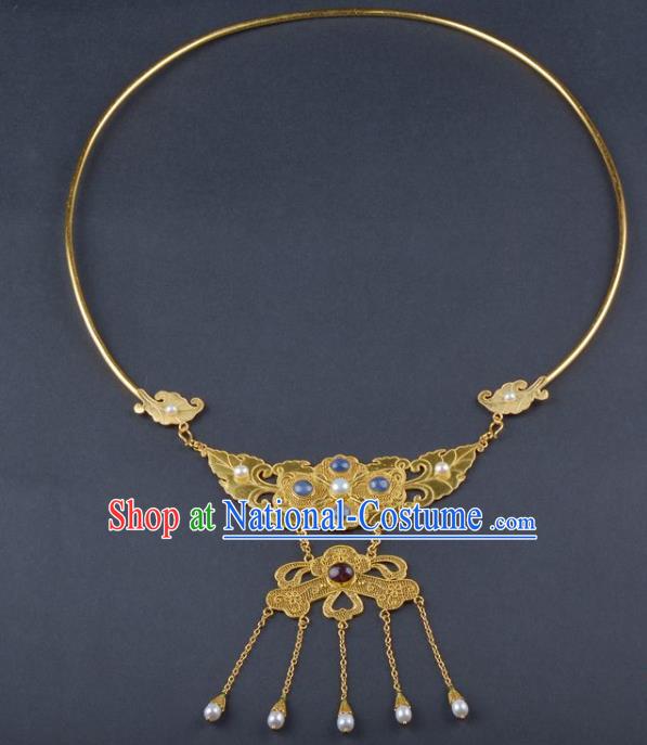 Handmade Chinese Golden Peony Nacklace Traditional Ming Dynasty Court Gems Accessories Ancient Empress Jewelry