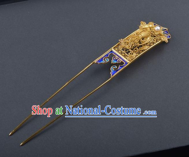 Traditional China Qing Dynasty Blueing Hair Stick Handmade Palace Hair Ornament Ancient Empress Filigree Phoenix Hairpin