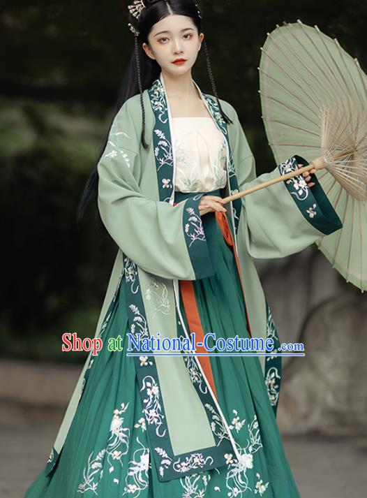 China Song Dynasty Young Lady Historical Clothing Ancient Village Girl Costumes Traditional Green Hanfu Dress