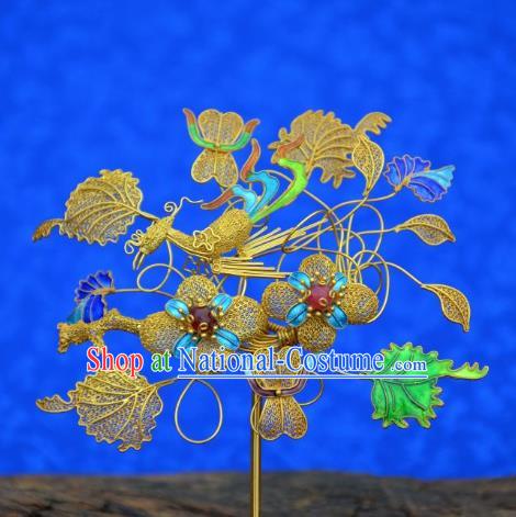 Traditional China Ancient Empress Filigree Golden Hair Stick Handmade Hair Ornament Qing Dynasty Palace Ruby Hairpin