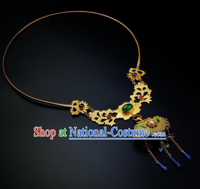 Handmade Chinese Traditional Ming Dynasty Golden Lotus Necklace Accessories Ancient Empress Gems Necklet Jewelry