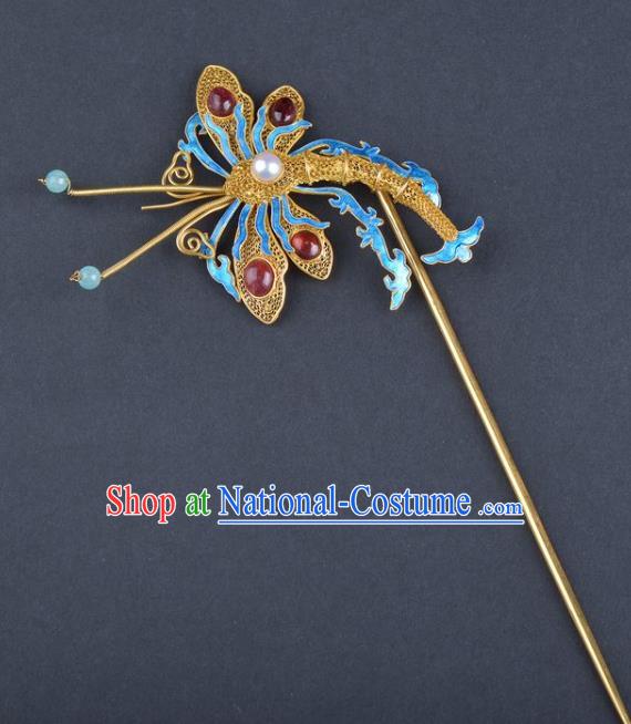 Traditional China Handmade Ruby Hair Ornament Qing Dynasty Palace Hairpin Ancient Empress Enamel Dragonfly Hair Stick