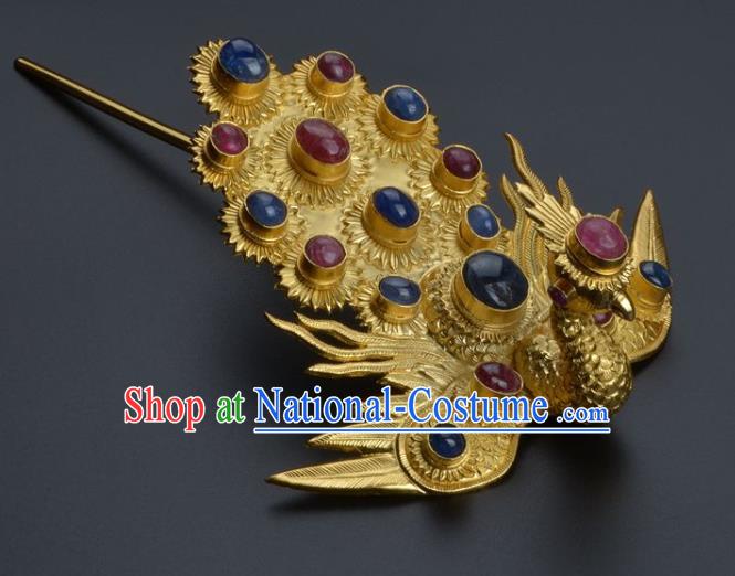 Traditional China Handmade Gems Hair Ornament Ming Dynasty Palace Hairpin Ancient Empress Golden Phoenix Hair Crown