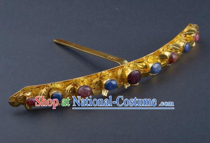 Traditional China Ming Dynasty Palace Hairpin Ancient Empress Golden Hair Crown Handmade Gems Hair Ornament