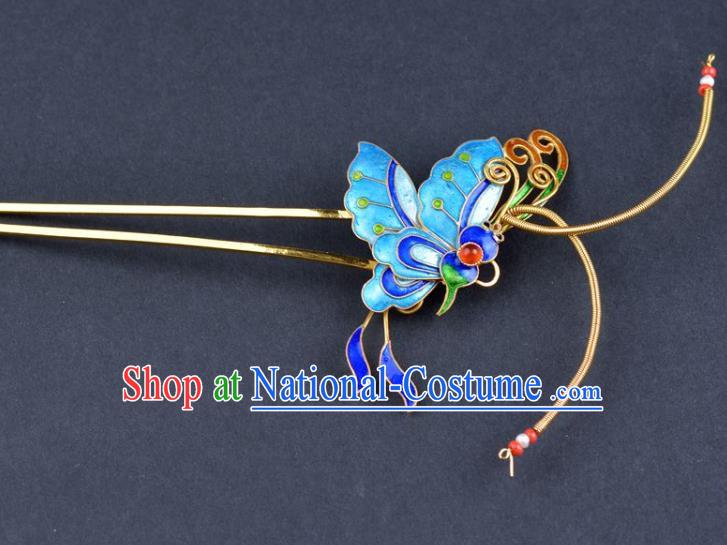 Traditional China Qing Dynasty Palace Hair Stick Handmade Hair Ornament Ancient Empress Enamel Butterfly Hairpin