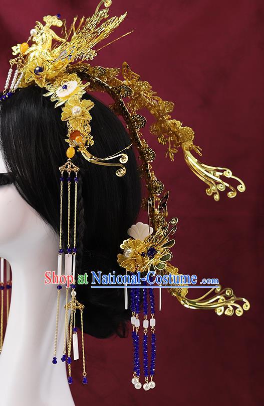 Traditional China Wedding Phoenix Coronet Ancient Empress Golden Hair Crown Handmade Hair Ornament