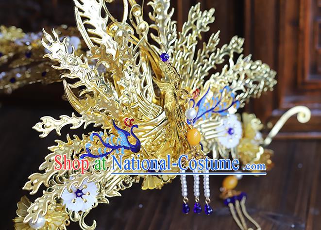 Traditional China Wedding Phoenix Coronet Ancient Empress Golden Hair Crown Handmade Hair Ornament