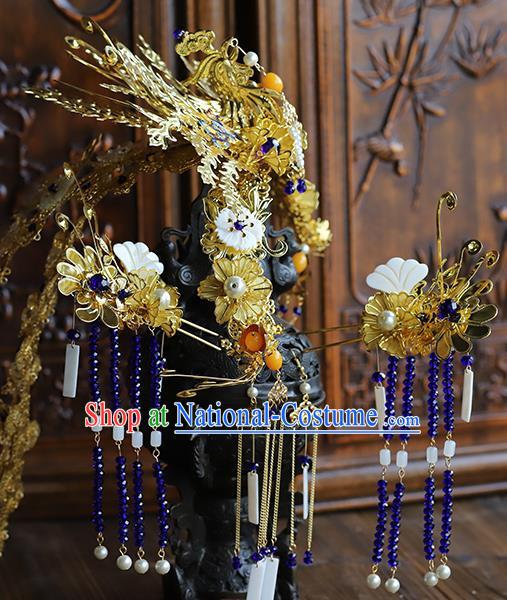 Traditional China Wedding Phoenix Coronet Ancient Empress Golden Hair Crown Handmade Hair Ornament