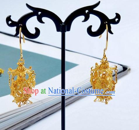 Handmade Chinese Traditional Ming Dynasty Filigree Golden Accessories Ancient Empress Lantern Earrings Jewelry