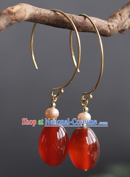 Handmade Chinese Ancient Empress Pearl Earrings Traditional Wedding Agate Ear Accessories