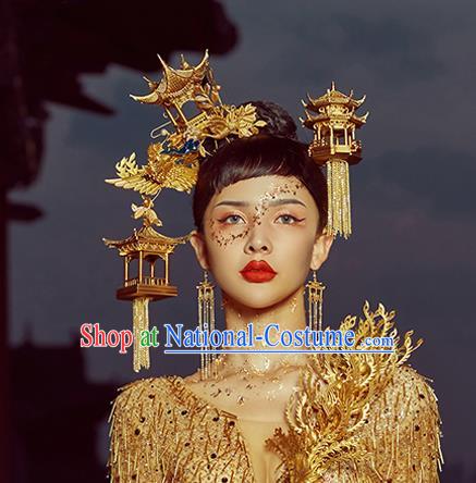 Traditional China Wedding Deluxe Phoenix Coronet Ancient Empress Golden Hair Crown Handmade Hair Ornament Full Set