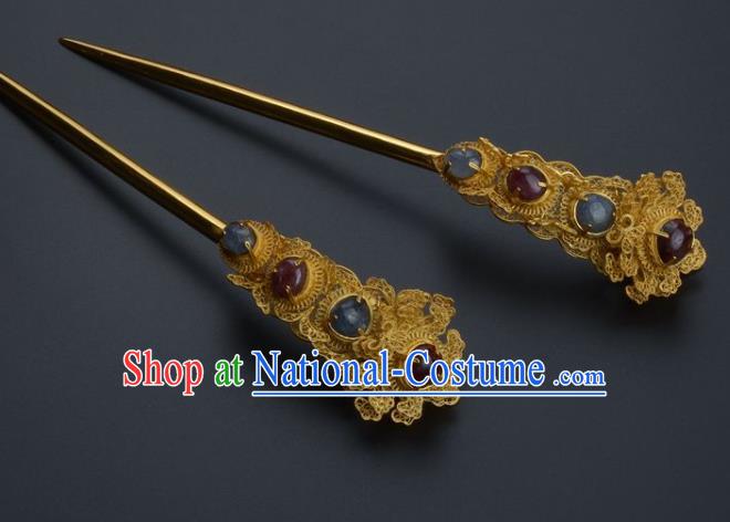 Traditional China Ming Dynasty Palace Gems Hair Stick Handmade Hair Ornament Ancient Empress Golden Peony Hairpin