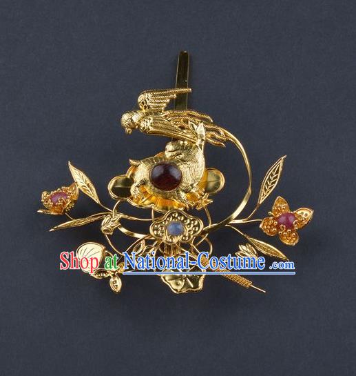 Traditional China Ming Dynasty Palace Ruby Hairpin Handmade Hair Ornament Ancient Empress Golden Rabbit Hair Crown