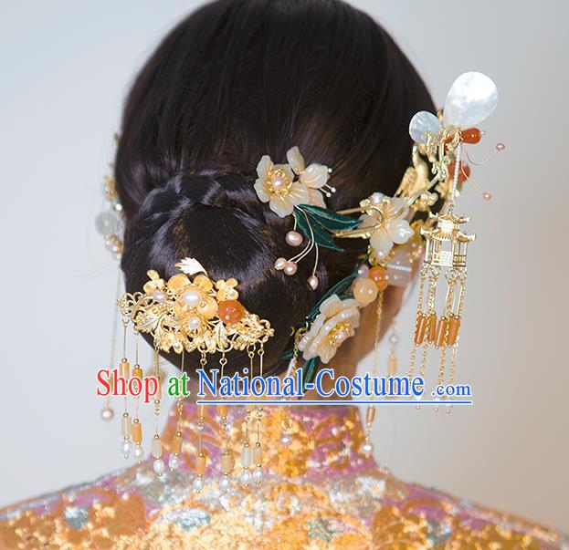 Traditional China Wedding Jade Tassel Hairpins Handmade Hair Ornament Ancient Empress Hair Combs Full Set