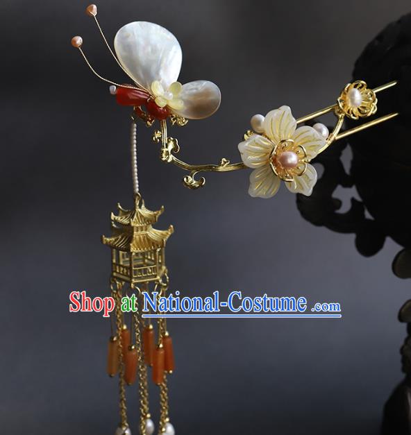 Chinese Hanfu Tassel Hairpin Traditional Wedding Hair Accessories Ancient Bride Shell Butterfly Hair Stick