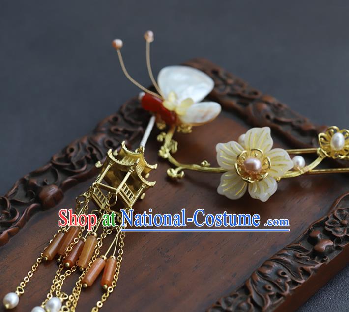 Chinese Hanfu Tassel Hairpin Traditional Wedding Hair Accessories Ancient Bride Shell Butterfly Hair Stick