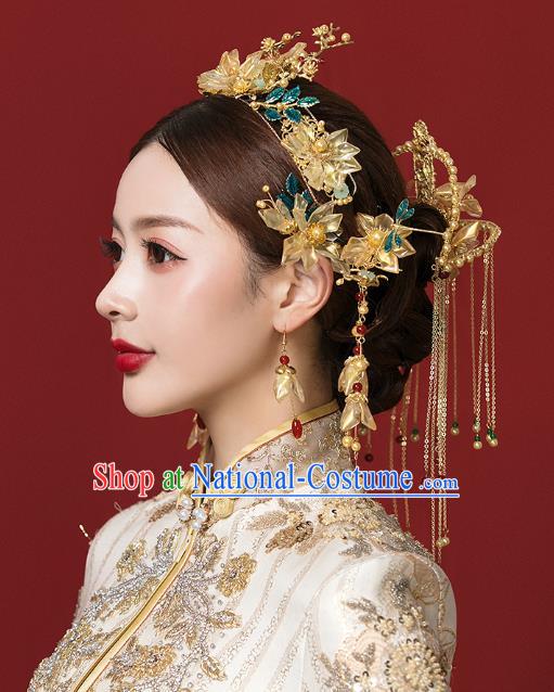 Traditional China Handmade Hair Ornament Wedding Tassel Hairpins Ancient Empress Yellow Lotus Hair Crown Full Set