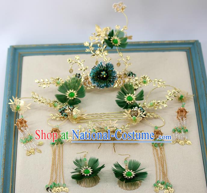 Traditional China Handmade Hair Combs Hair Ornament Wedding Tassel Hairpins Ancient Bride Green Feather Hair Sticks Full Set