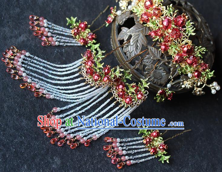 Traditional China Handmade Red Pomegranate Hair Crown Wedding Hair Ornament Ancient Bride Tassel Hairpins Full Set