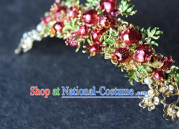 Chinese Hanfu Red Pomegranate Hair Crown Traditional Wedding Hair Accessories Ancient Bride Hair Stick