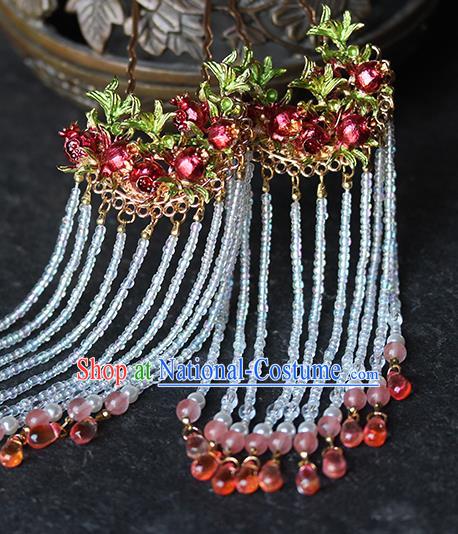 Chinese Hanfu Beads Tassel Hairpins Traditional Wedding Hair Accessories Ancient Bride Red Pomegranate Hair Stick