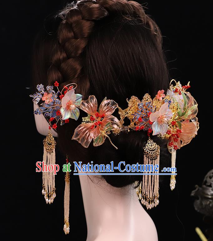 Traditional China Handmade Flowers Hair Crown Ancient Bride Tassel Hairpins Wedding Hair Ornament Full Set