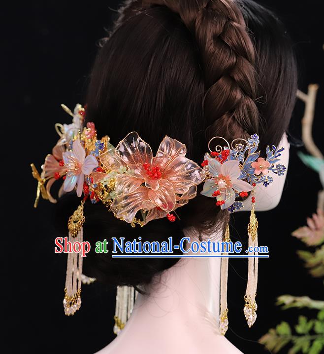 Traditional China Handmade Flowers Hair Crown Ancient Bride Tassel Hairpins Wedding Hair Ornament Full Set